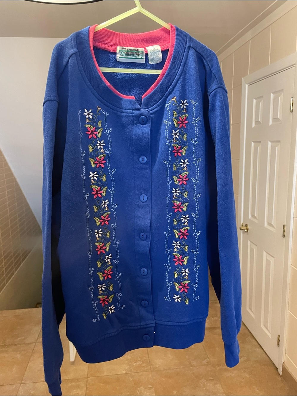 Vintage Royal Blue Embroidered Button-Front Cardigan